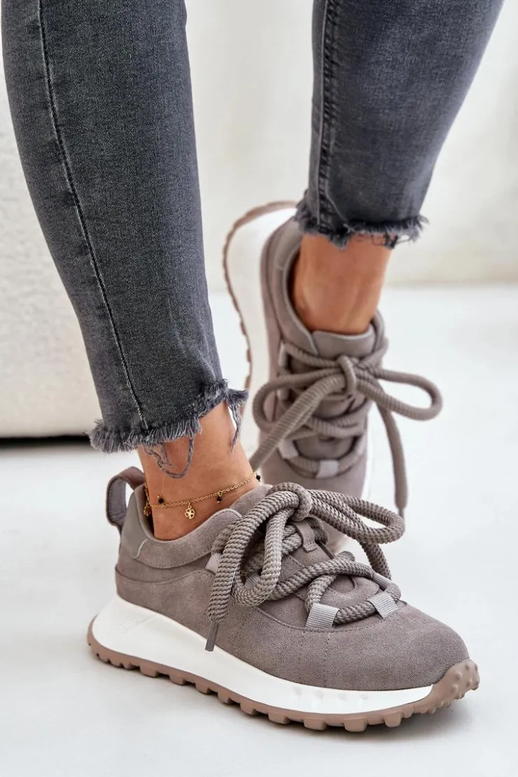 Online Artiker Zamszowe Sneakersy Damskie Z Grubym Sznurowaniem 54C1465 Szare Szary