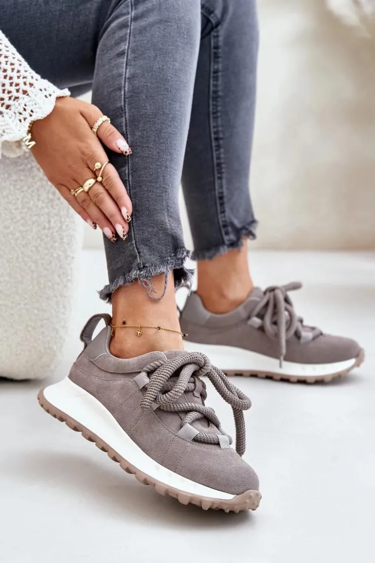 Online Artiker Zamszowe Sneakersy Damskie Z Grubym Sznurowaniem 54C1465 Szare Szary
