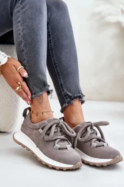 Online Artiker Zamszowe Sneakersy Damskie Z Grubym Sznurowaniem 54C1465 Szare Szary