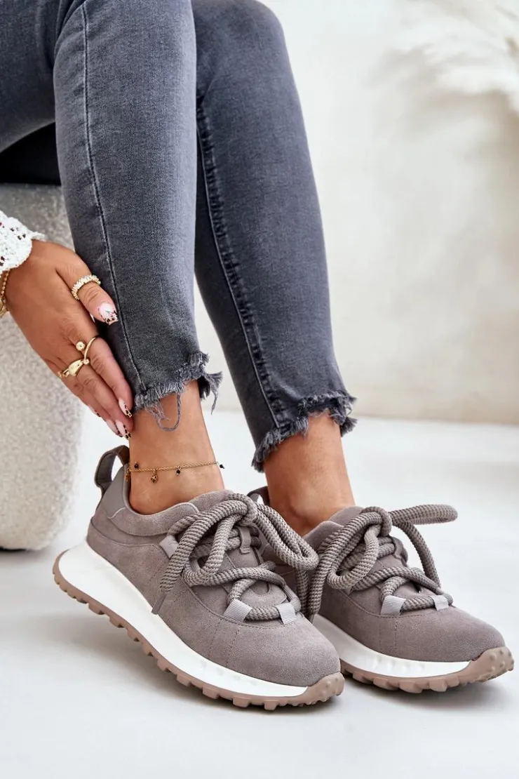 Online Artiker Zamszowe Sneakersy Damskie Z Grubym Sznurowaniem 54C1465 Szare Szary