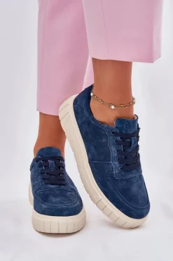 Evento Sneakersy Damskie*Zamszowe Sneakersy Damskie Na Platformie Granatowe Rilwena Niebieski