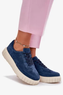 Evento Sneakersy Damskie*Zamszowe Sneakersy Damskie Na Platformie Granatowe Rilwena Niebieski