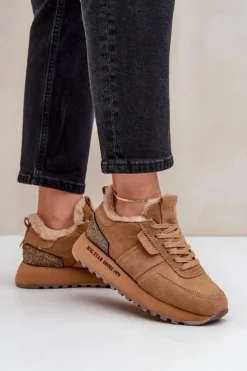 Big Star Shoes Buty Sportowe Big Star|Sneakersy Damskie*Zamszowe Sneakersy Damskie Z Futerkiem I Błyszczącym Elementem Big Star OO274578 Hi-Poly System Camel
