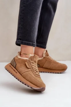 Big Star Shoes Buty Sportowe Big Star|Sneakersy Damskie*Zamszowe Sneakersy Damskie Z Futerkiem I Błyszczącym Elementem Big Star OO274578 Hi-Poly System Camel