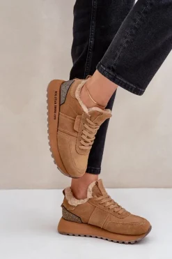 Big Star Shoes Buty Sportowe Big Star|Sneakersy Damskie*Zamszowe Sneakersy Damskie Z Futerkiem I Błyszczącym Elementem Big Star OO274578 Hi-Poly System Camel