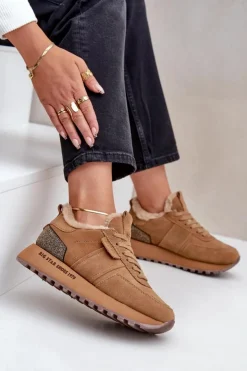 Big Star Shoes Buty Sportowe Big Star|Sneakersy Damskie*Zamszowe Sneakersy Damskie Z Futerkiem I Błyszczącym Elementem Big Star OO274578 Hi-Poly System Camel