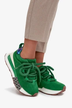 Artiker Buty Sportowe Na Platformie|Półbuty Skórzane*Zamszowe Sneakersy Damskie Na Platformie Z Grubym Sznurowaniem 55C0136 Zielone Zielony