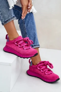 Artiker Buty Sportowe Na Platformie*Zamszowe Sneakersy Damskie Z Grubym Sznurowaniem 54C1461 Fuksja Różowy