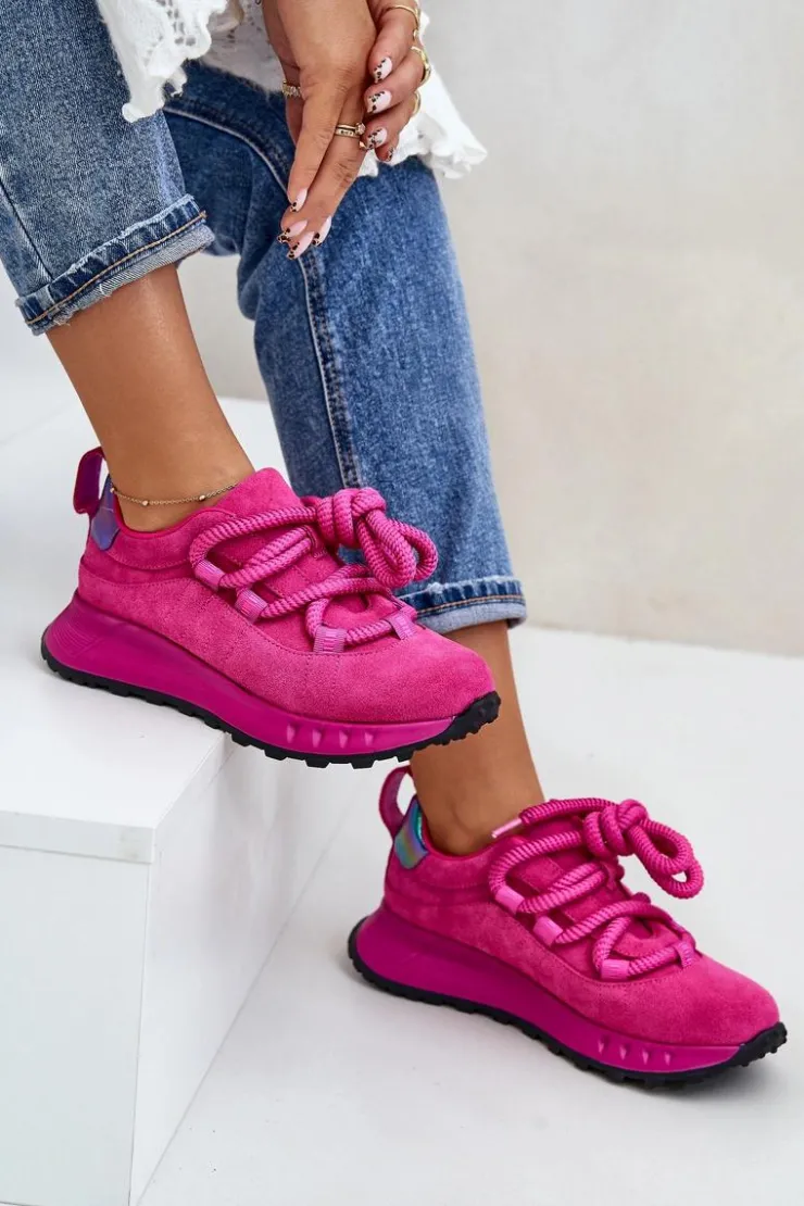 Artiker Buty Sportowe Na Platformie*Zamszowe Sneakersy Damskie Z Grubym Sznurowaniem 54C1461 Fuksja Różowy