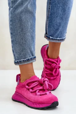 Artiker Buty Sportowe Na Platformie*Zamszowe Sneakersy Damskie Z Grubym Sznurowaniem 54C1461 Fuksja Różowy