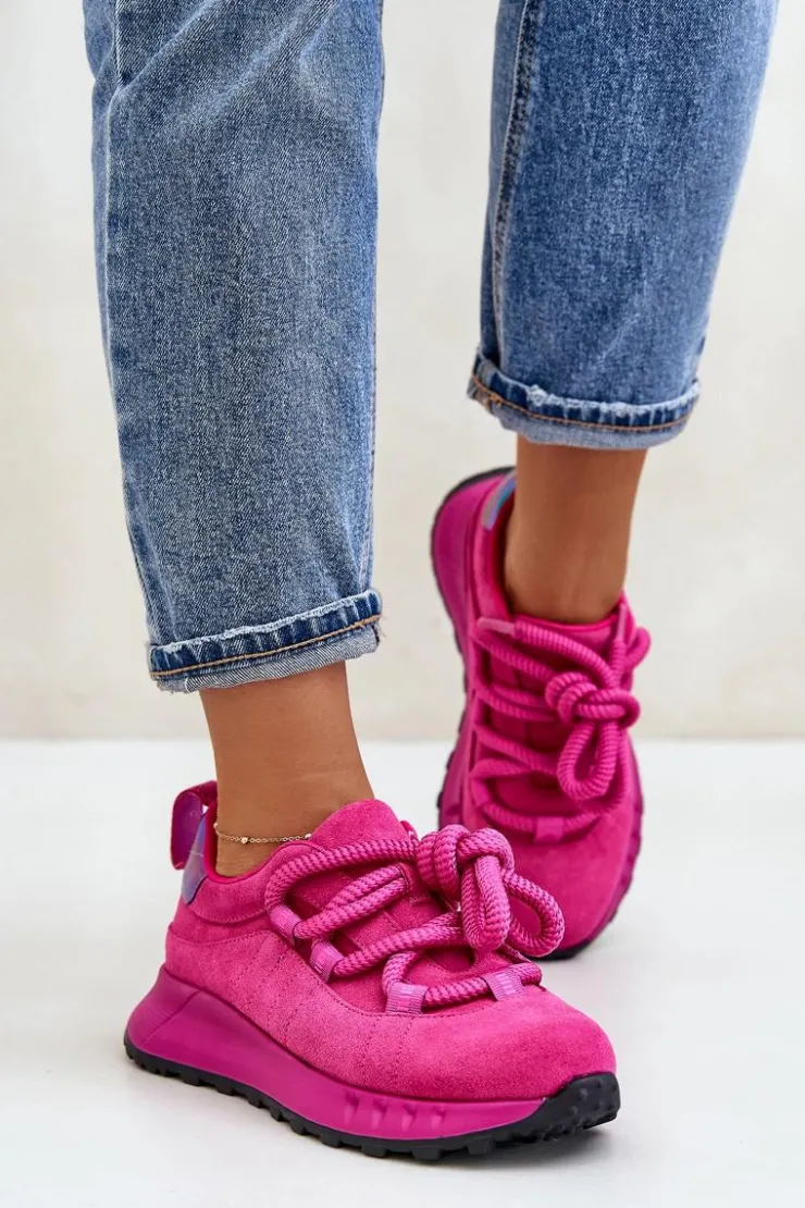 Artiker Buty Sportowe Na Platformie*Zamszowe Sneakersy Damskie Z Grubym Sznurowaniem 54C1461 Fuksja Różowy
