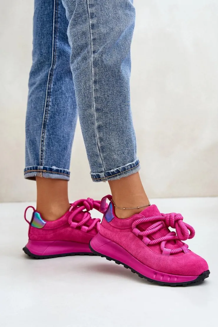 Artiker Buty Sportowe Na Platformie*Zamszowe Sneakersy Damskie Z Grubym Sznurowaniem 54C1461 Fuksja Różowy