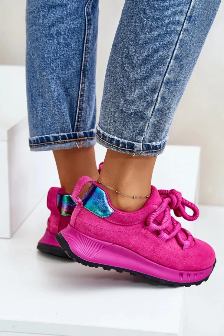Artiker Buty Sportowe Na Platformie*Zamszowe Sneakersy Damskie Z Grubym Sznurowaniem 54C1461 Fuksja Różowy