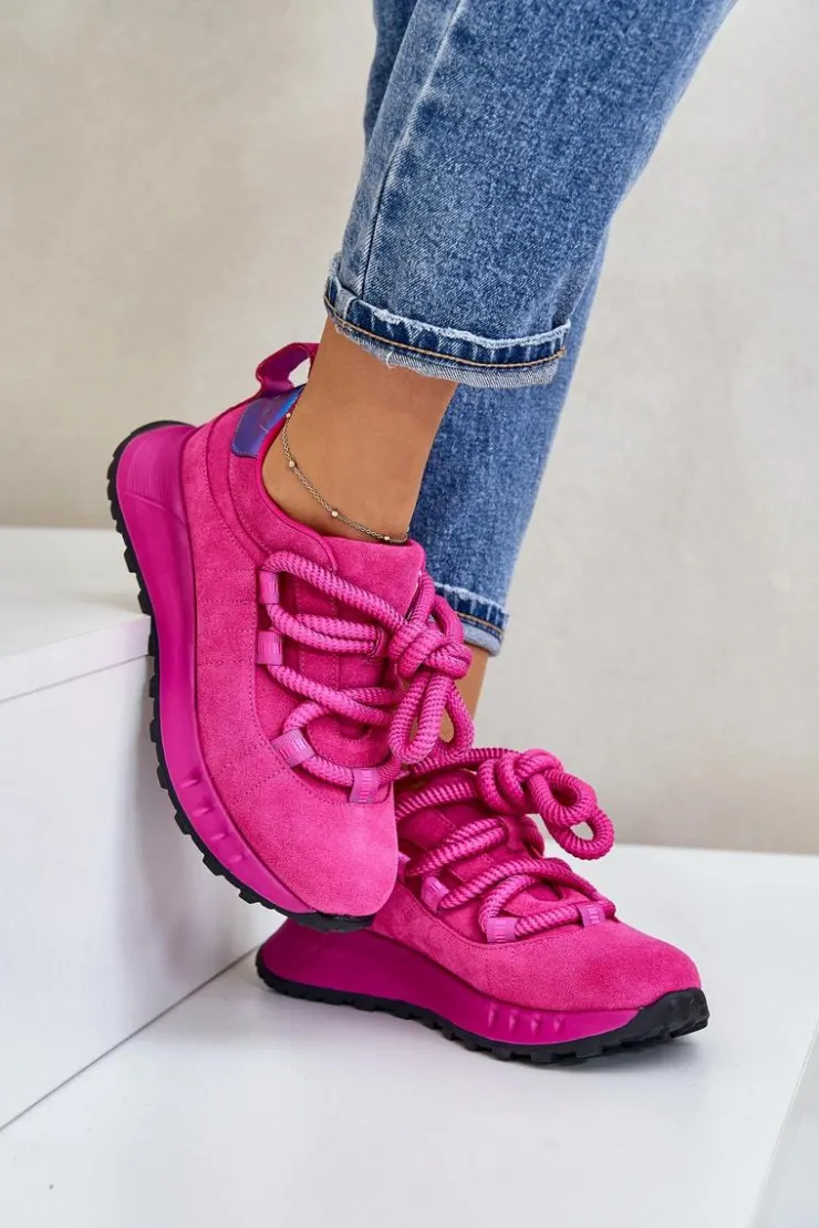 Artiker Buty Sportowe Na Platformie*Zamszowe Sneakersy Damskie Z Grubym Sznurowaniem 54C1461 Fuksja Różowy