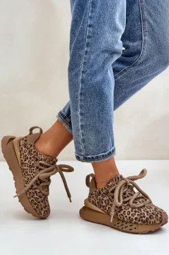 Boto Buty Sportowe Na Platformie*Zamszowe Sneakersy Damskie Na Platformie Z Grubym Sznurowaniem Panterka Artiker 55C0135 Brązowe Brązowy