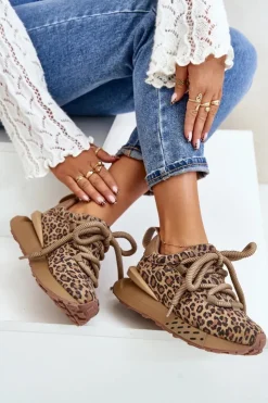 Boto Buty Sportowe Na Platformie*Zamszowe Sneakersy Damskie Na Platformie Z Grubym Sznurowaniem Panterka Artiker 55C0135 Brązowe Brązowy