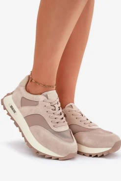 Big Star Shoes Zamszowe Sneakersy Na Platformie Damskie Big Star RR274897 HI-POLY SYSTEM Beżowe Beżowy