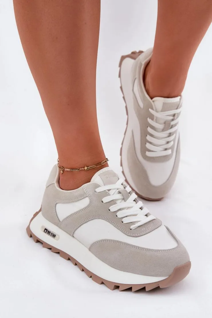 Big Star Shoes Buty Sportowe Big Star|Sneakersy Damskie*Zamszowe Sneakersy Na Platformie Damskie Big Star RR274896 HI-POLY SYSTEM Biało-Szare