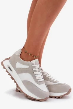 Big Star Shoes Buty Sportowe Big Star|Sneakersy Damskie*Zamszowe Sneakersy Na Platformie Damskie Big Star RR274896 HI-POLY SYSTEM Biało-Szare