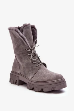 Boto Botki Sznurowane|Czarne Botki*Zamszowe Sznurowane Botki Workery Z Futerkiem Szare Frendo