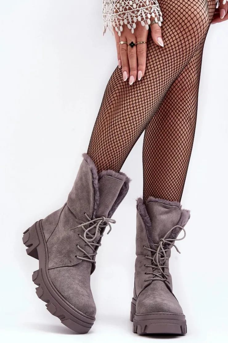 Boto Botki Sznurowane|Czarne Botki*Zamszowe Sznurowane Botki Workery Z Futerkiem Szare Frendo