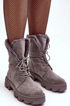 Boto Botki Sznurowane|Czarne Botki*Zamszowe Sznurowane Botki Workery Z Futerkiem Szare Frendo