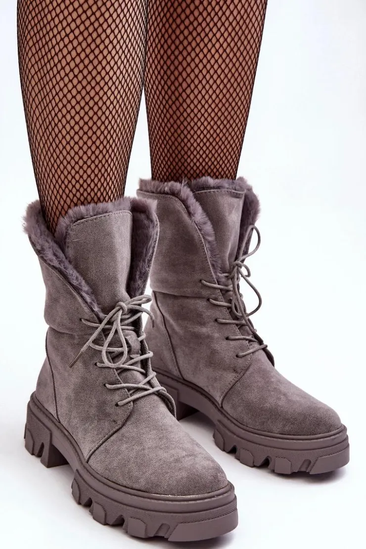 Boto Botki Sznurowane|Czarne Botki*Zamszowe Sznurowane Botki Workery Z Futerkiem Szare Frendo