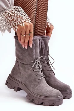 Boto Botki Sznurowane|Czarne Botki*Zamszowe Sznurowane Botki Workery Z Futerkiem Szare Frendo