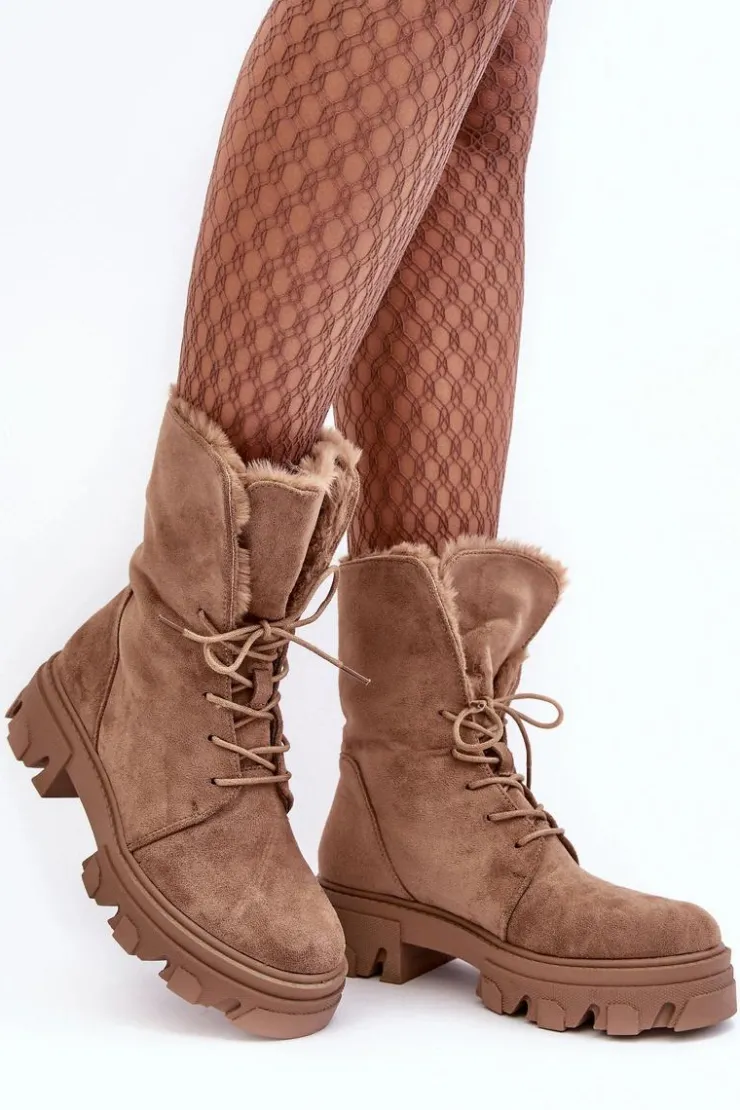 Boto Botki Sznurowane|Czarne Botki*Zamszowe Sznurowane Botki Workery Z Futerkiem Ciemnobeżowe Frendo