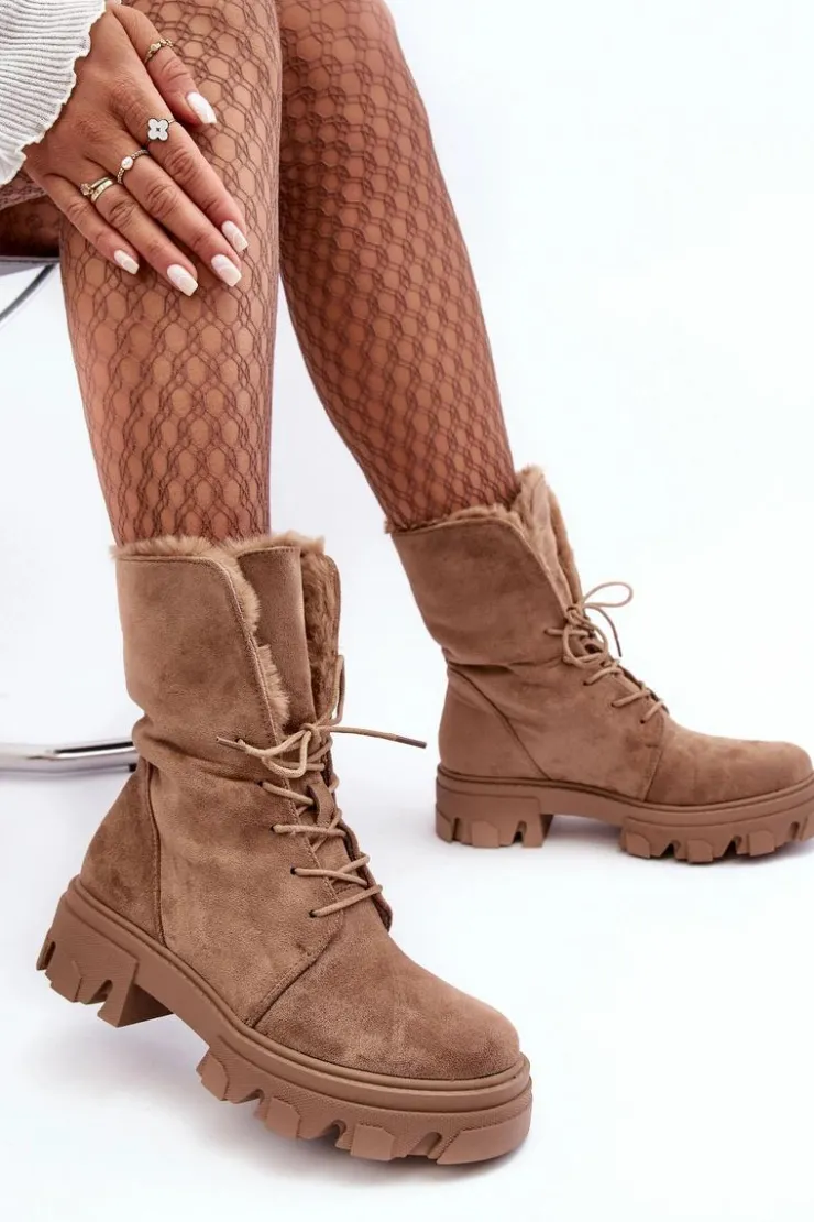 Boto Botki Sznurowane|Czarne Botki*Zamszowe Sznurowane Botki Workery Z Futerkiem Ciemnobeżowe Frendo