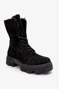 Best Boto Zamszowe Sznurowane Botki Workery Z Futerkiem Czarne Frendo Czarny