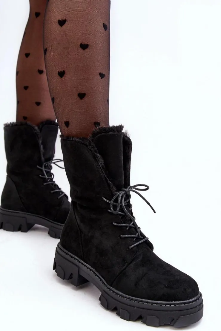 Best Boto Zamszowe Sznurowane Botki Workery Z Futerkiem Czarne Frendo Czarny