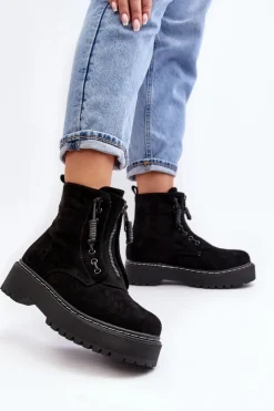 Hot Boto Zamszowe Trapery Botki Damskie Na Grubej Podeszwie Z Suwakiem Czarne Edivame