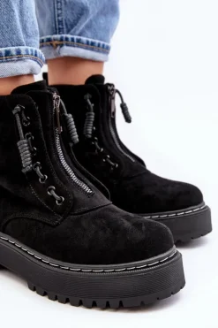 Hot Boto Zamszowe Trapery Botki Damskie Na Grubej Podeszwie Z Suwakiem Czarne Edivame