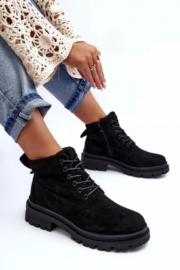 Boto Damskie Trapery|Botki Sznurowane*Zamszowe Trapery Botki Ocieplane Czarne Alden