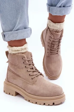 Damskie Boto Zamszowe Trapery Botki Ocieplane Beżowe Alden