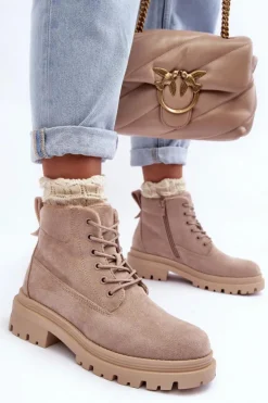 Damskie Boto Zamszowe Trapery Botki Ocieplane Beżowe Alden