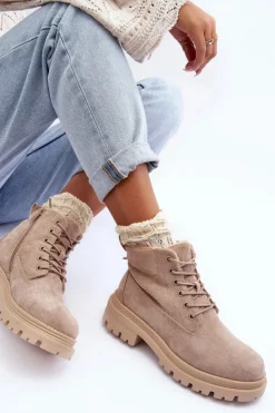 Damskie Boto Zamszowe Trapery Botki Ocieplane Beżowe Alden