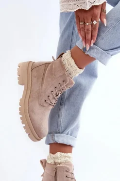 Damskie Boto Zamszowe Trapery Botki Ocieplane Beżowe Alden