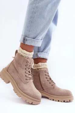 Damskie Boto Zamszowe Trapery Botki Ocieplane Beżowe Alden