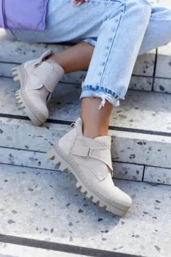 Damskie buty S.Barski Zamszowe Wiosenne Botki Trapery Na Suwak Jasnobeżowe Remgate