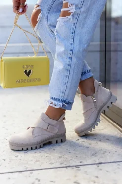 Damskie buty S.Barski Zamszowe Wiosenne Botki Trapery Na Suwak Jasnobeżowe Remgate