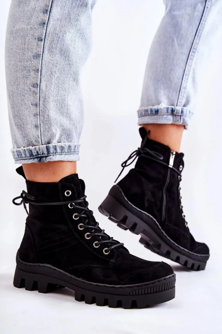 Damskie buty S.Barski Botki Wiosenne|Damskie Trapery*Zamszowe Wiosenne Botki Trapery Z Przeszyciami Czarne Layden Czarny