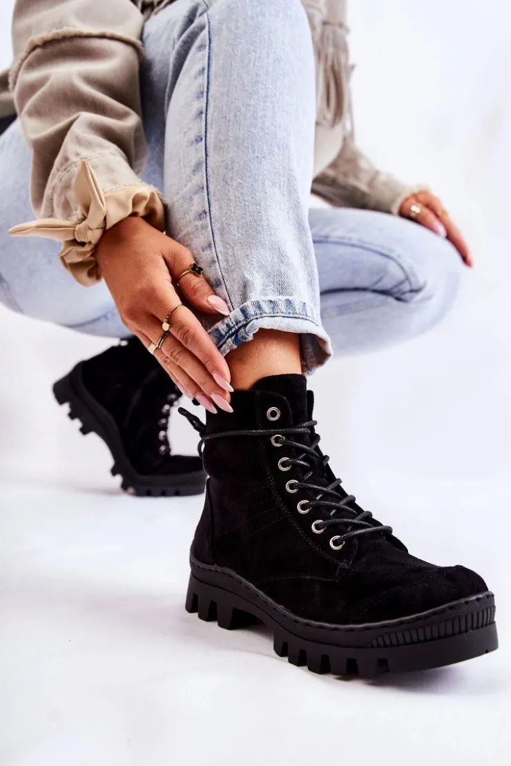 Damskie buty S.Barski Botki Wiosenne|Damskie Trapery*Zamszowe Wiosenne Botki Trapery Z Przeszyciami Czarne Layden Czarny