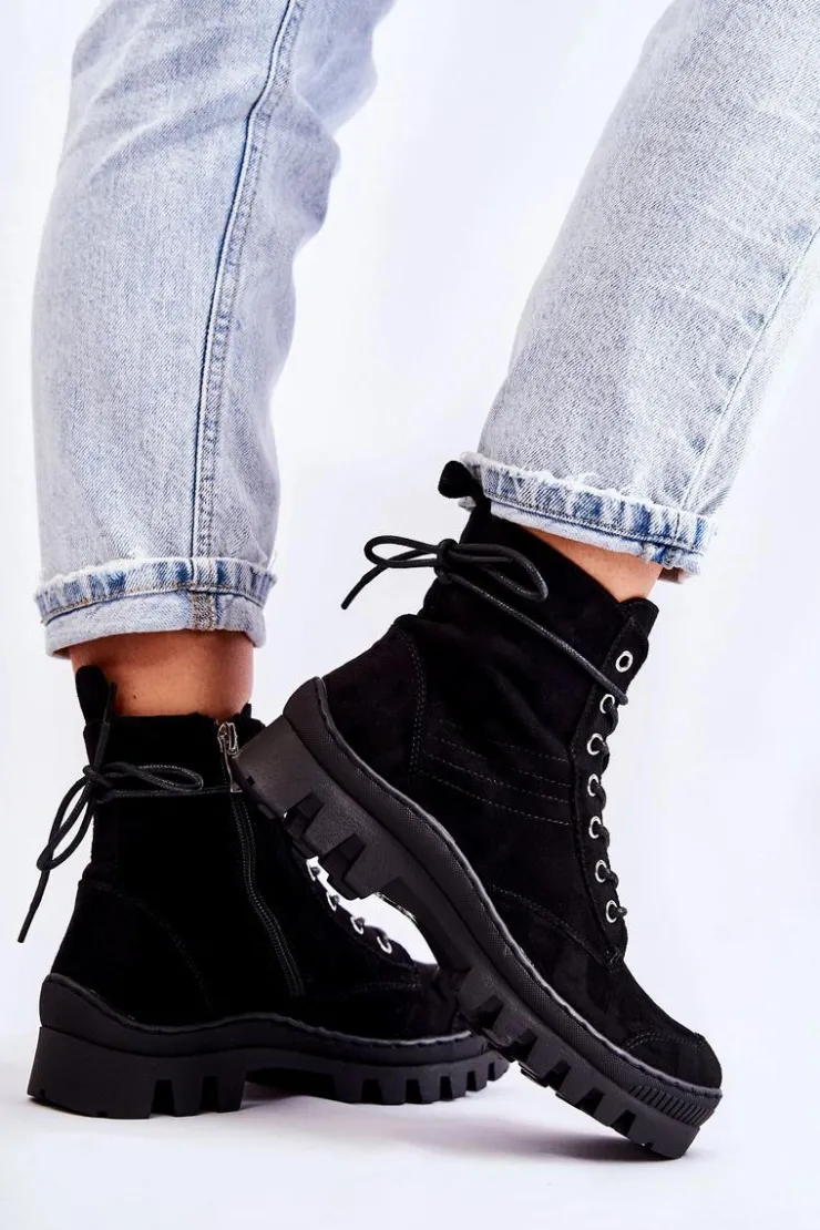 Damskie buty S.Barski Botki Wiosenne|Damskie Trapery*Zamszowe Wiosenne Botki Trapery Z Przeszyciami Czarne Layden Czarny