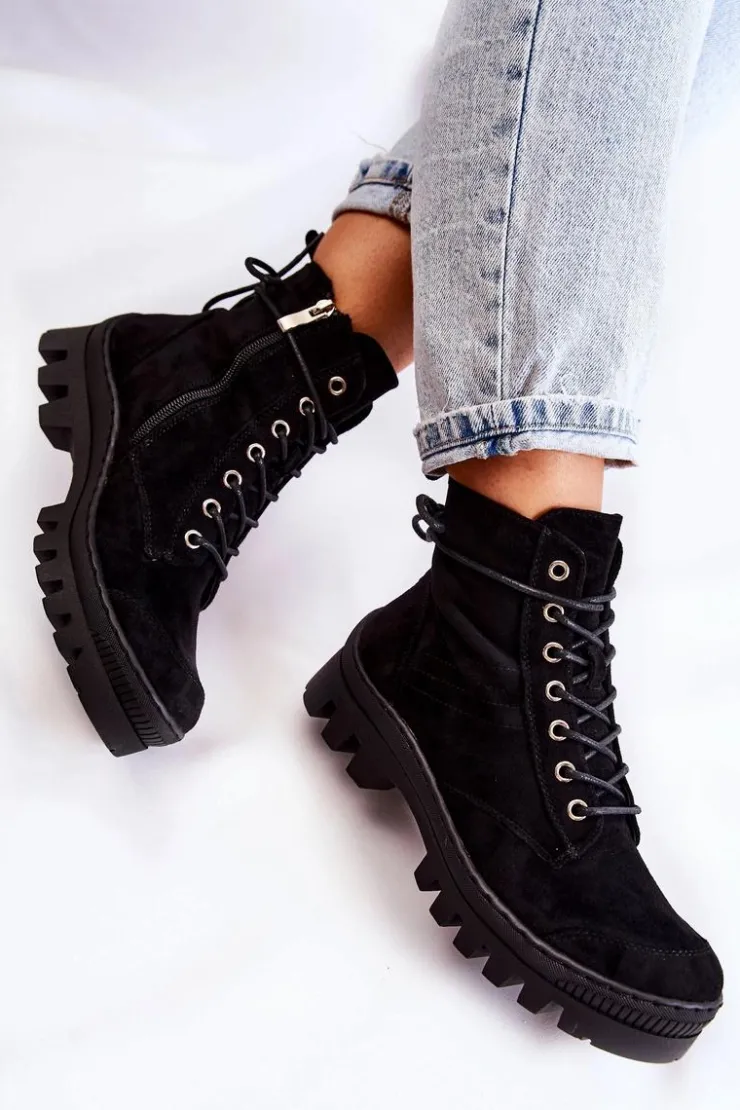 Damskie buty S.Barski Botki Wiosenne|Damskie Trapery*Zamszowe Wiosenne Botki Trapery Z Przeszyciami Czarne Layden Czarny