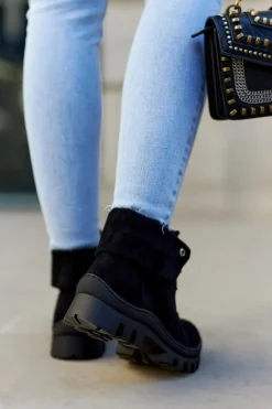 Damskie Damskie buty S.Barski Zamszowe Wiosenne Botki Trapery Wiązane Czarne Dalles