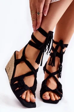 Damskie Boto Zamszowe Wiązane Sandały Na Koturnie Czarne Flavia