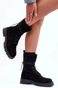 Damskie Boto Zamszowe Workery Botki Na Płaskim Obcasie Czarne Jence