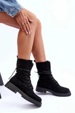 Damskie Boto Zamszowe Workery Botki Na Płaskim Obcasie Czarne Jence